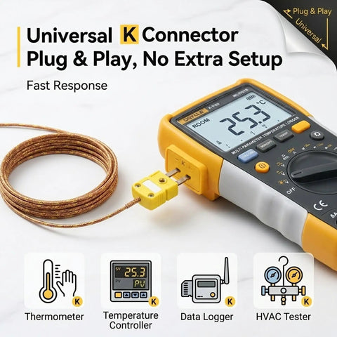 K Type Thermocouple Probe With 2 Pin Flat Mini Connector And 78 Inch Fiberglass Insulated Lead Ready To Roll Temperature Sensor For -58F To 752F Range Compatible With Most K Type Thermometers Controllers And Data Loggers, plugged into thermometer