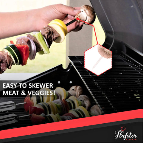 Hand holding Flat 16 Inch Kabob Skewers With Push Bar For Grilling And Camping featuring colorful veggies and meat on a grill.