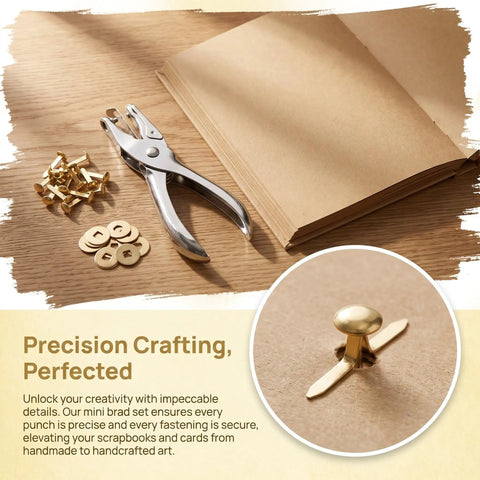 All In One Paper Fastener Kit With Hole Punch Tool And Golden Brads For Crafts, Scrapbooking, And Card Making, 100 Pcs Metal Fasteners, Smooth Paper Piercing, Easy Setup, hole punch and brads