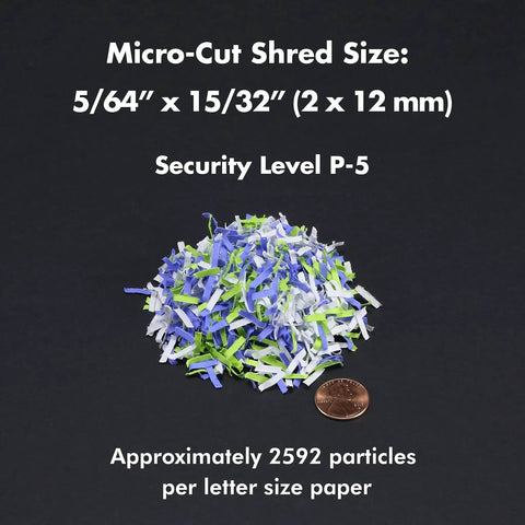 Shredded paper particles demonstrating micro-cut size for Pro Grade Auto Feed Micro Cut Paper Shredder With 200 Sheet Capacity 60 Minute Run Time High Security P5 120 Volt Jam Resistant Quiet Performance For Home Office Or Small Business.