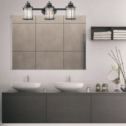 All In One Bathroom Set With Oil Rubbed Bronze 3 Light Vanity Fixture above modern sink with concrete wall background