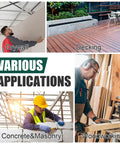 Collage showing drywall, decking, concrete masonry, and woodworking applications with St64 14 Gauge Pneumatic Concrete T Nailer.