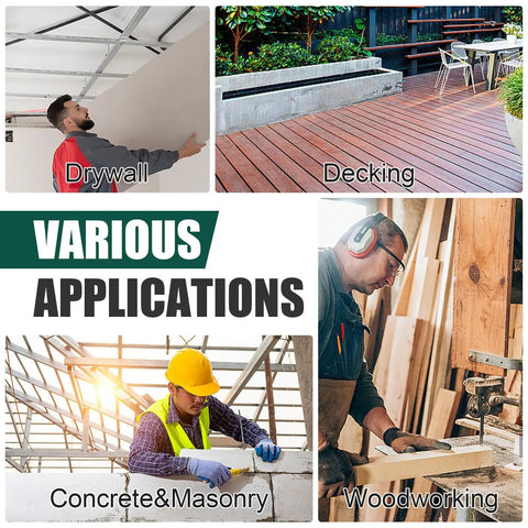 Collage showing drywall, decking, concrete masonry, and woodworking applications with St64 14 Gauge Pneumatic Concrete T Nailer.