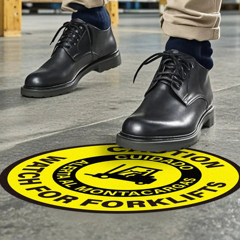 Forklift Traffic Warning Sign Set 5 Pack Bilingual Look Out For Lift Trucks Floor Stickers 17 By 17 Inches Self Adhesive Vinyl Waterproof Anti Slip Signage For Office Work Site And Warehouse
