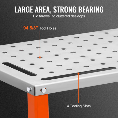 Close-up of Rugged 36 By 18 Inches Welding Table On Wheels With 1200 Pound Load Capacity Portable Metal Workbench top with fixture holes.