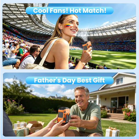 Rechargeable Portable Personal Waist Fan With 10000mAh Battery, 5 Speeds, 13500RPM Airflow, used at stadium and home; gifts shown