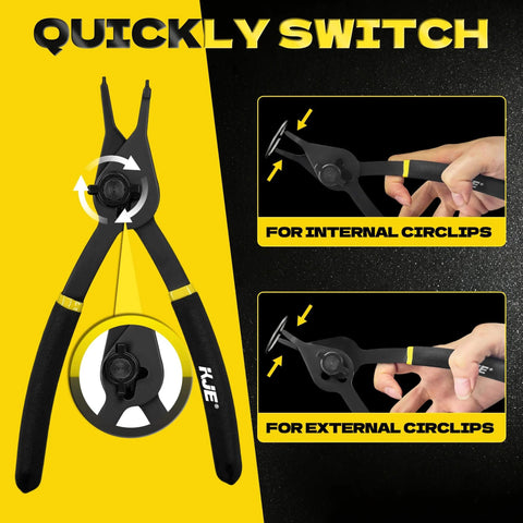Front view of Beefy Twelve Piece Heavy Duty Snap Ring Pliers Set With Straight 0, 45, And 90 Degree Jaw Tips showing internal and external use