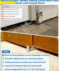 Before and after of adjustable sliding closet door floor guides with carpet risers, installed on wooden door with carpet.