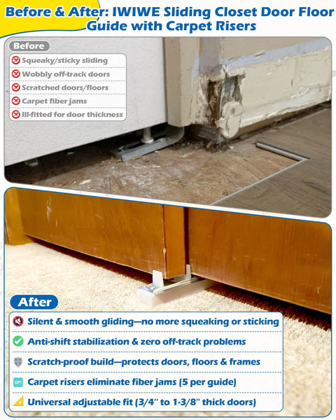 Before and after of adjustable sliding closet door floor guides with carpet risers, installed on wooden door with carpet.