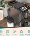Level Up Your Daily Grind With This Fully Automatic Espresso Machine Featuring A Built In Grinder Dual Boiler Heating Premium Milk Frother And Smart Touch Panel For Six Quick Barista Shots In Sleek Gunmetal, showing a close-up view with grind settings.