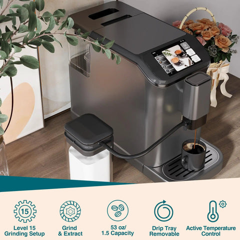 Level Up Your Daily Grind With This Fully Automatic Espresso Machine Featuring A Built In Grinder Dual Boiler Heating Premium Milk Frother And Smart Touch Panel For Six Quick Barista Shots In Sleek Gunmetal, showing a close-up view with grind settings.