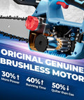 Close-up of brushless motor in a brushless cordless chainsaw with 12 inch bar 20V power, highlighting power and efficiency.