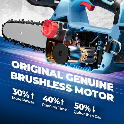 Close-up of brushless motor in a brushless cordless chainsaw with 12 inch bar 20V power, highlighting power and efficiency.