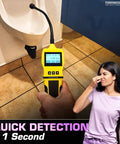 Hand holding Sewer Gas Leak Detector Pro Grade With 20 Year Japanese Sensor near drain in bathroom, woman reacting to odor.