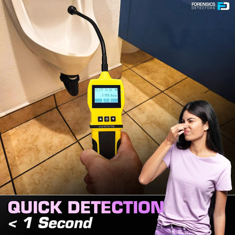 Hand holding Sewer Gas Leak Detector Pro Grade With 20 Year Japanese Sensor near drain in bathroom, woman reacting to odor.