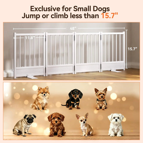 Built Tough No Drill Small Dog Gate 48 Inch Foldable Puppy Barrier For Home Doorways White Metal step over with small dogs illustration.