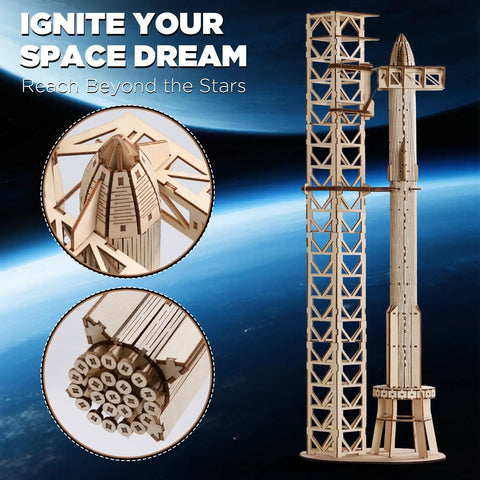 Hands On 3D Wood Puzzle For Adults SpaceX Starship Super Heavy Booster DIY Rocket Model Kit towering against space backdrop