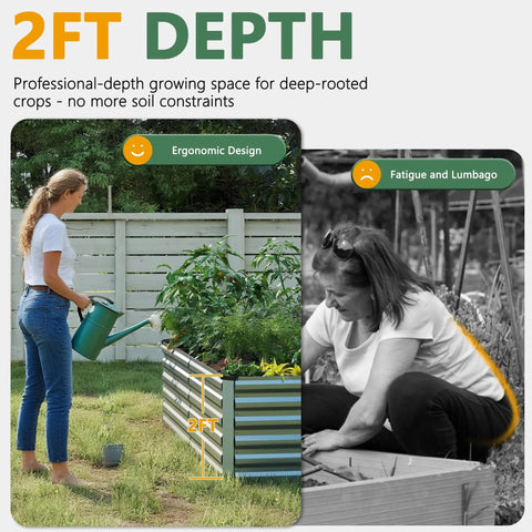 Two Piece Galvanized Raised Garden Bed Kit 8 By 4 By 2 Feet Outdoor Planter Boxes For Vegetables Flowers And Herbs 478 Gallon Capacity showing a woman watering plants