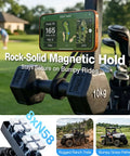 Magnetic Golf Cart Phone Holder With 28 Strong Magnets securing smartphone on golf cart with weights, showing military-grade durability.