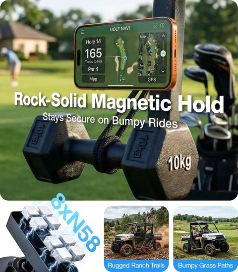 Magnetic Golf Cart Phone Holder With 28 Strong Magnets securing smartphone on golf cart with weights, showing military-grade durability.