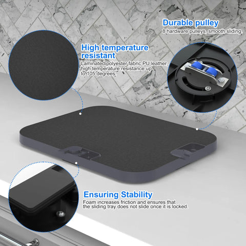 Two Way Appliance Sliding Tray For Kitchen Countertop Beefy Heavy Duty Rolling Tray With Eight Wheels Fits Up To 16 W By 11 L Inches Universal Front Or Side Pull Design Perfect For Stand Mixers Air Fryers Coffee Makers, pictured with high temperature resistance, durable hardware pulley, and stability features.