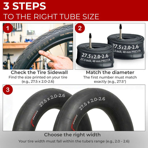 Instructions for selecting 27.5 Inch Bike Inner Tubes Pack of 2 With 48mm Presta Valve For Mountain And Hybrid Bikes, 3-step guide.