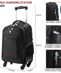 Star Cloud rolling backpack with wheels, black underseat luggage with USB port and internal power bank pocket.