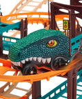 Close-up of motorized car on Rex Racer Dino Race Track Set with flexible track and modular bridges, gates, and flags.