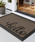 Hello Door Mat 17x30 No Slip Durable Rubber Entrance Doormat in front of an open door, showing low profile and dirt-trap design