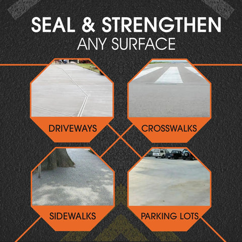 Diagram showing sealed driveways, crosswalks, sidewalks, and parking lots using Polyflex DS Asphalt Crack Sealer Kit With Gun