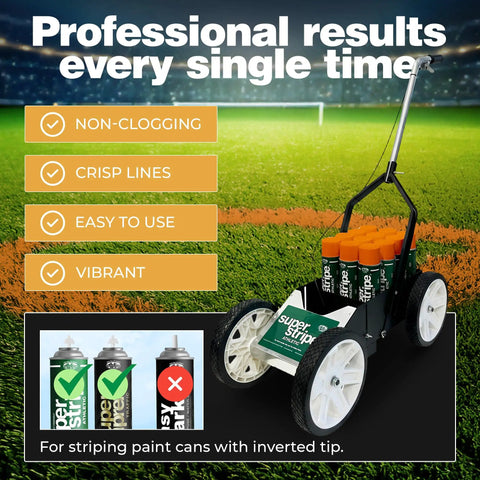 Game Day Ready Athletic Field Line Marking Paint Kit Including Twelve Cans Of Bright Orange Coating Matched With A Straight Shot Striping Machine.