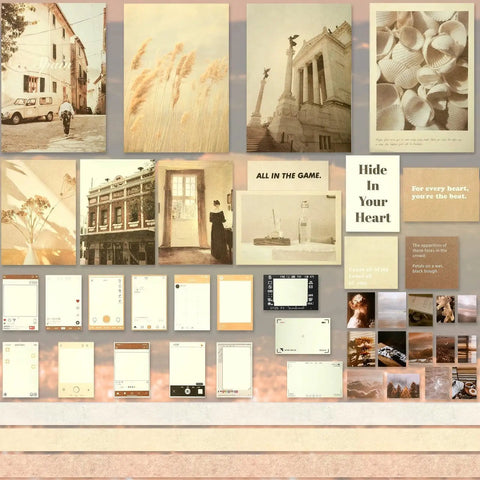 Complete Scrapbook Kit With 114 Pieces Aesthetic Supplies featuring posters, cards, and vintage themed images for journaling projects.