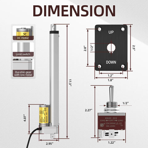 Dimensions of Beefy 12V Linear Actuator 1000N 300mm Stroke Waterproof With Controller including parts and measurements.