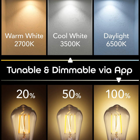 Smart WiFi LED Light Bulb Tunable White Dimmable With Voice And App Control Compatible With Alexa And Google Home display with three color temperatures and dimming levels