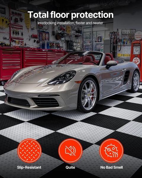 Sports car on Interlocking Garage Floor Tiles 12 Inch Square 25 Pack Graphite Grey Non Slip Diamond Plate Covering