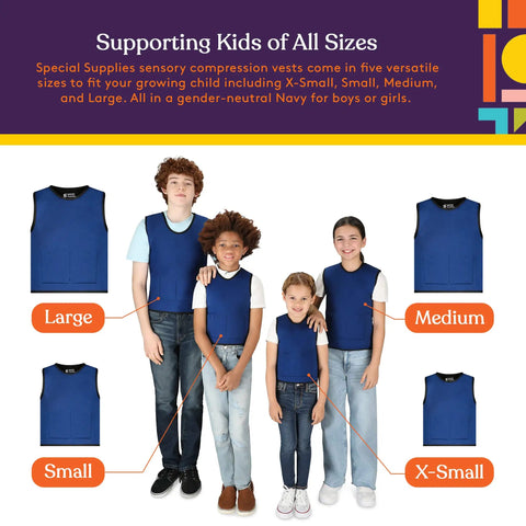 Adjustable Kids Weighted Vest For Deep Pressure Sensory Comfort With Removable Quarter And Half Pound Sandbags Front And Back Pockets in various sizes for boys and girls