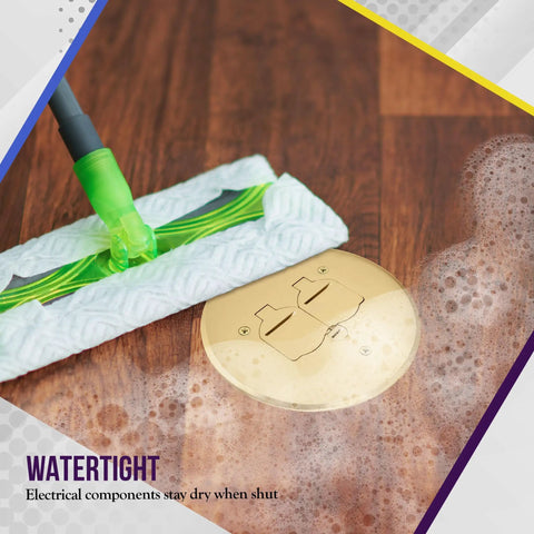 Five Point Six Two Five Inch Dual Flip Lid Floor Box Cover For 1 Gang 20A Tamper-Resistant Type A Duplex Outlet Brass With Watertight Gaskets shown on wooden floor with soap bubbles.