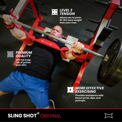 Person using Bench Press Assist Strap With Level 3 Tension Red Powerlifting Gear Lets You Press 10 To 15 Percent More Weight