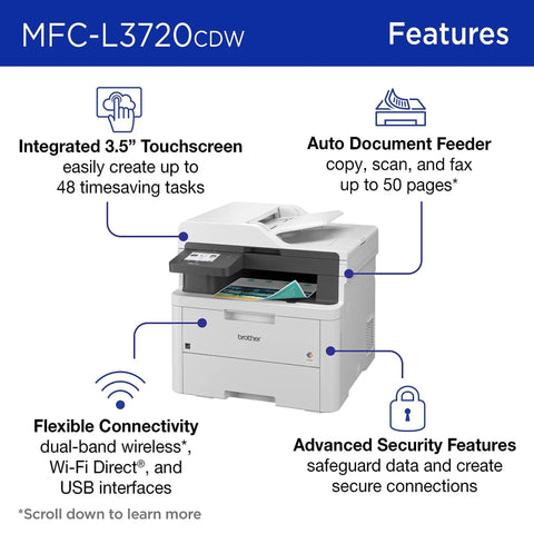 Go To Wireless Color Laser Printer With Scanner, Copier And Fax, Auto Duplex, 250 Sheet Capacity, front view with features