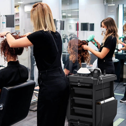 Pro Salon Trolley Cart With Lockable Trays And Holders, Space Saving Mobile Storage For Hair Salons And Beauty Stations in use