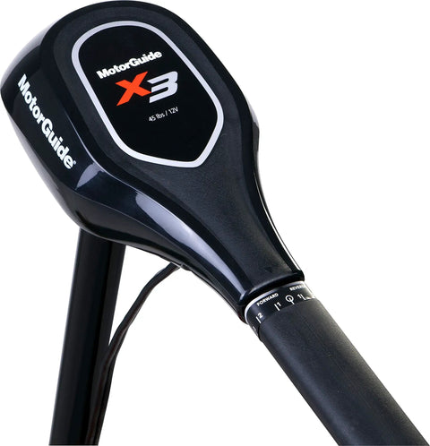 X3 Series 50 Inch Shaft Trolling Motor 45 Pound Peak Thrust Hand Operated Bow Mount Freshwater Spec control handle close-up.