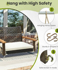 One Person Outdoor Porch Swing With Metal Frame And Soft Cushioned Seat Wicker Style Chair Ropes And Hooks Included PE Rattan Swing For Lawn Garden Backyard Or Balcony Off White Color For Cozy Relaxing Evenings with safety features displayed.