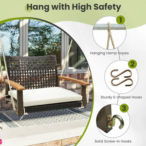 One Person Outdoor Porch Swing With Metal Frame And Soft Cushioned Seat Wicker Style Chair Ropes And Hooks Included PE Rattan Swing For Lawn Garden Backyard Or Balcony Off White Color For Cozy Relaxing Evenings with safety features displayed.