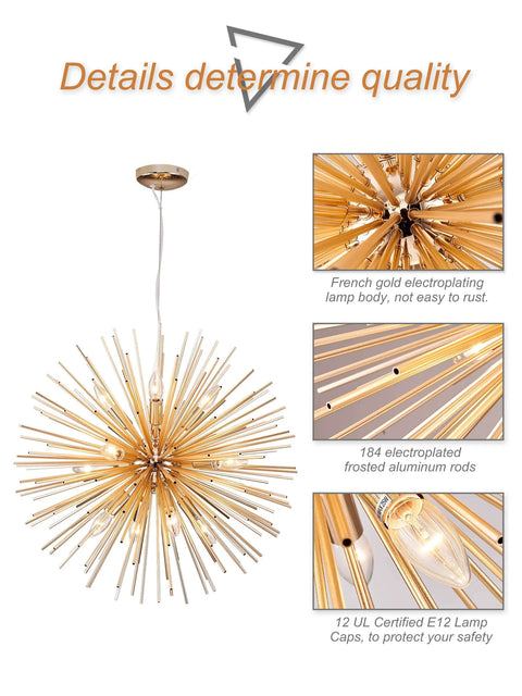 Dope Gold Sputnik Chandelier Light Fixture With 12 E12 Holders, Modern Aluminum Firework Style Ceiling Pendant