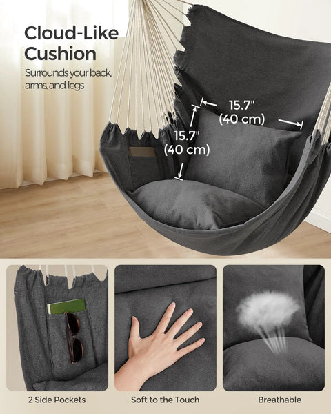 Cozy Hammock Chair With Two Cushions For Indoor Outdoor Lounging, Heavy Duty Steel Frame, Large Pocket, Slate Gray Fabric