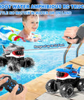 Gesture Sensing Amphibious RC Monster Truck With Water Sprayer 4WD 1 To 16 Scale All Terrain Waterproof Shark Tank Pool Toy in action