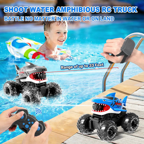 Gesture Sensing Amphibious RC Monster Truck With Water Sprayer 4WD 1 To 16 Scale All Terrain Waterproof Shark Tank Pool Toy in action
