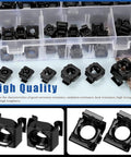 Heavy Duty Black Snap In Cage Nuts M4 Through M12 Carbon Steel Rack Mount Kit 84 Pieces laid out in transparent storage container.