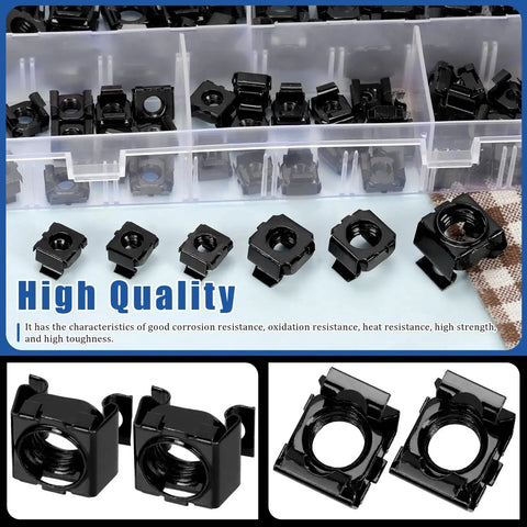 Heavy Duty Black Snap In Cage Nuts M4 Through M12 Carbon Steel Rack Mount Kit 84 Pieces laid out in transparent storage container.
