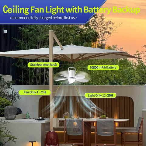 17 Inch Ceiling Fan With Light And Remote Battery Powered Outdoor Hanging Fan For Gazebo Patio RV Camp Tent, USB C Fast Charge